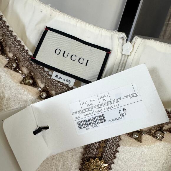 GUCCI White Tweed Gold Embellished Shift Dress 42 NEW Short Sleeve Midi Roman - Picture 6 of 7